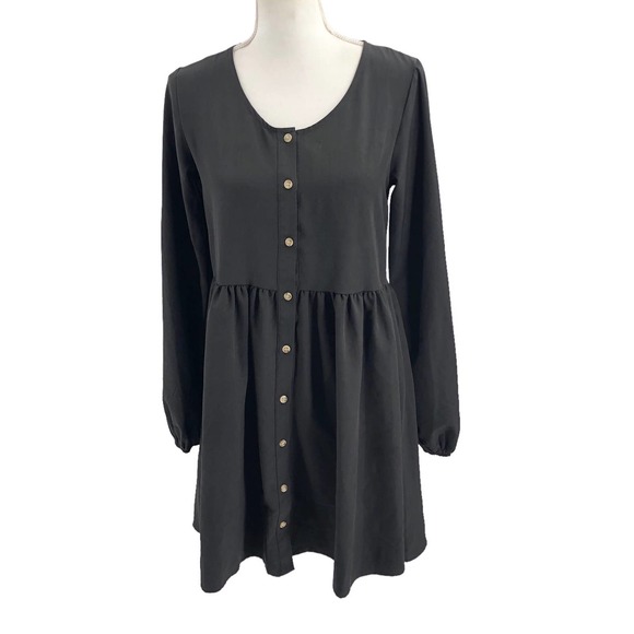 Boohoo NEW Womens Size 4 Long Sleeve Smock Flowy Dress in Black Button Through - Picture 1 of 10
